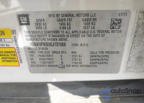 2014 Chevrolet Traverse Ls из США, поврежденный, VIN 1GNKVFKD3EJ137066